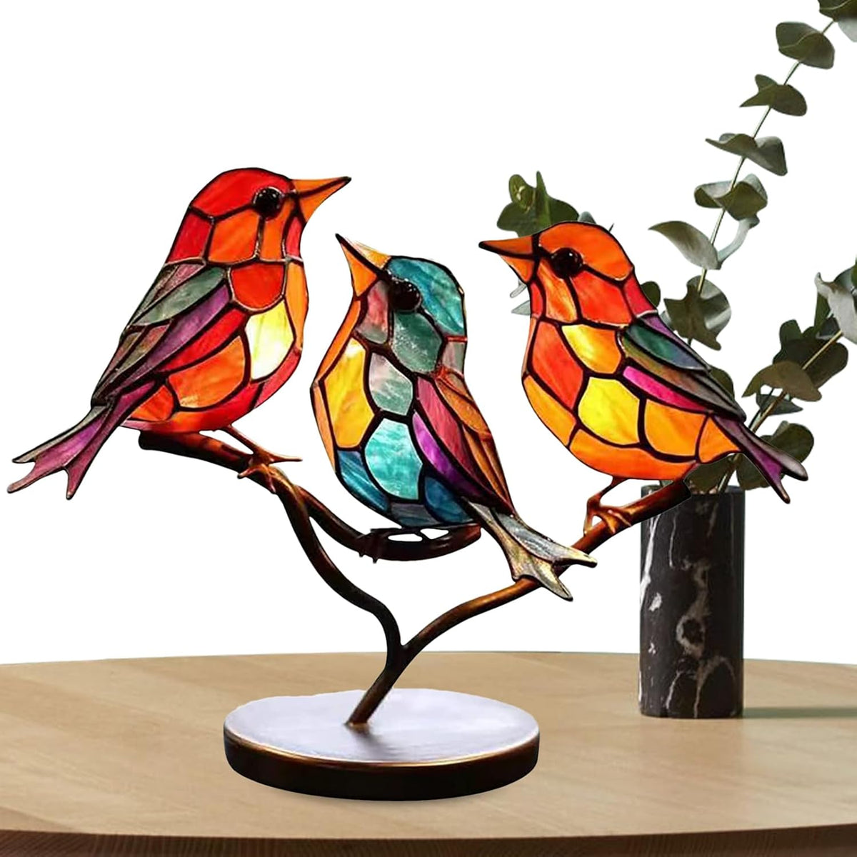 Sculpture d’oiseaux en verre avec branches colorées, décoration pour table et meuble, inspiration nature, ambiance chaleureuse pour le salon | Sansoti