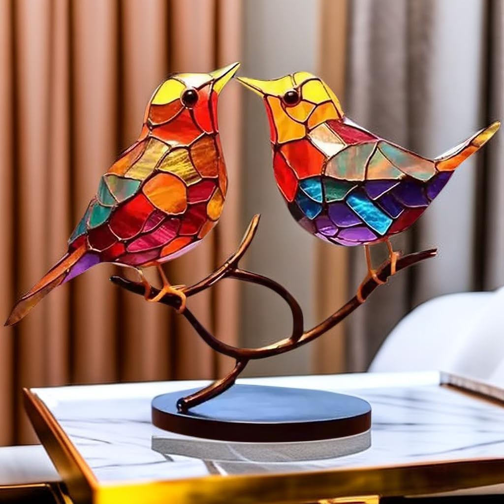Sculpture d’oiseaux en verre avec branches colorées, décoration pour table et meuble, inspiration nature, ambiance chaleureuse pour le salon | Sansoti