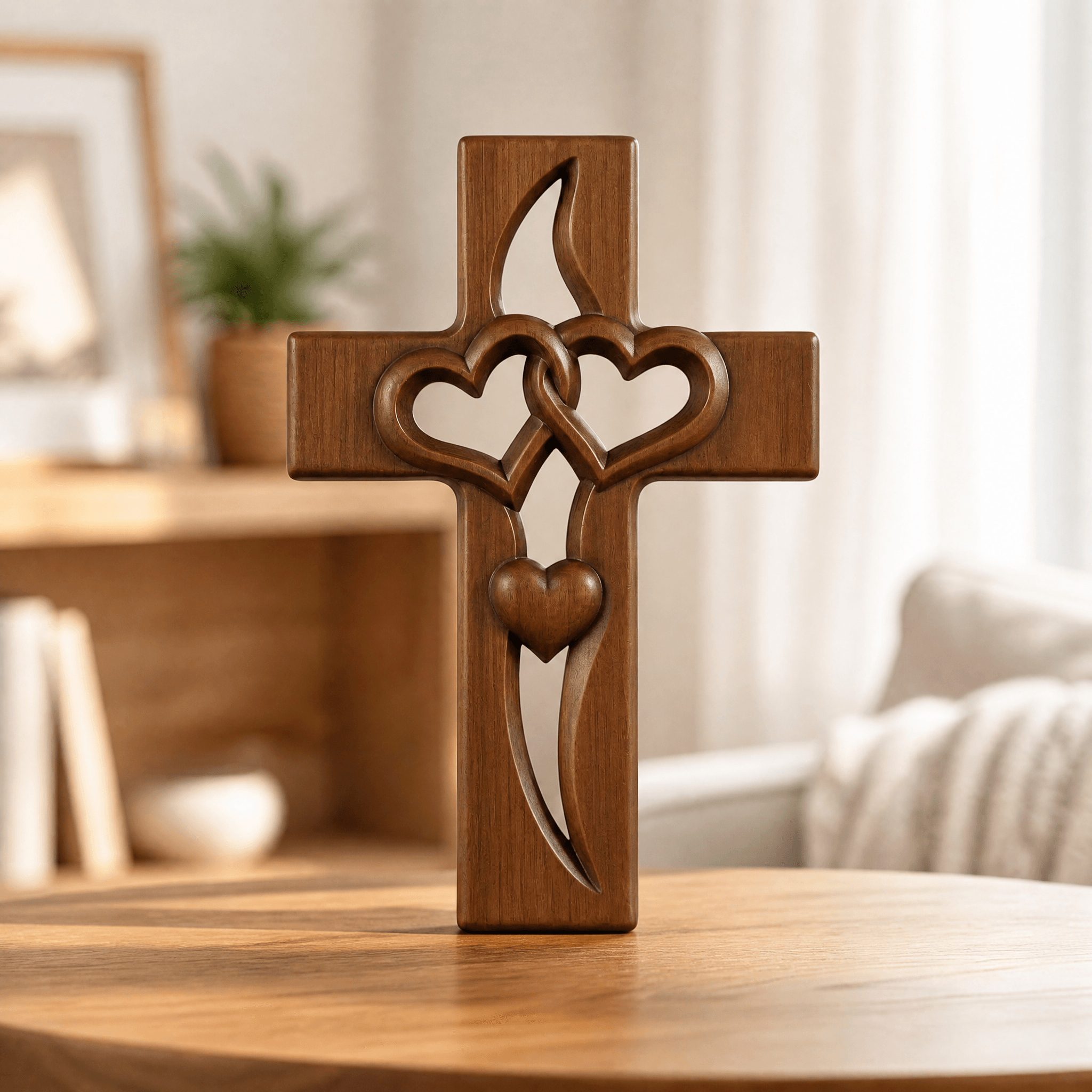Houten Wandkruis met Gevlochten Harten — Decoratieve Wandversiering voor Geloofsmomenten | Sansoti