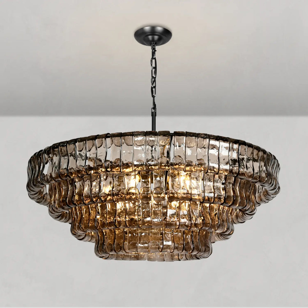 Lustre rond en verre texturé avec structure métallique multicouche À intensité variable et réglable 60-152cm pour salon | Sansoti
