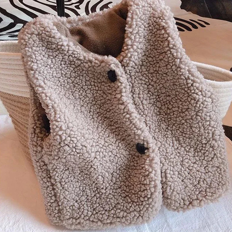 Plush Children's Teddy Faux Fur V-Neck Vest 1-6 Years Boys Girls Autumn Winter Outerwear | Sansoti
