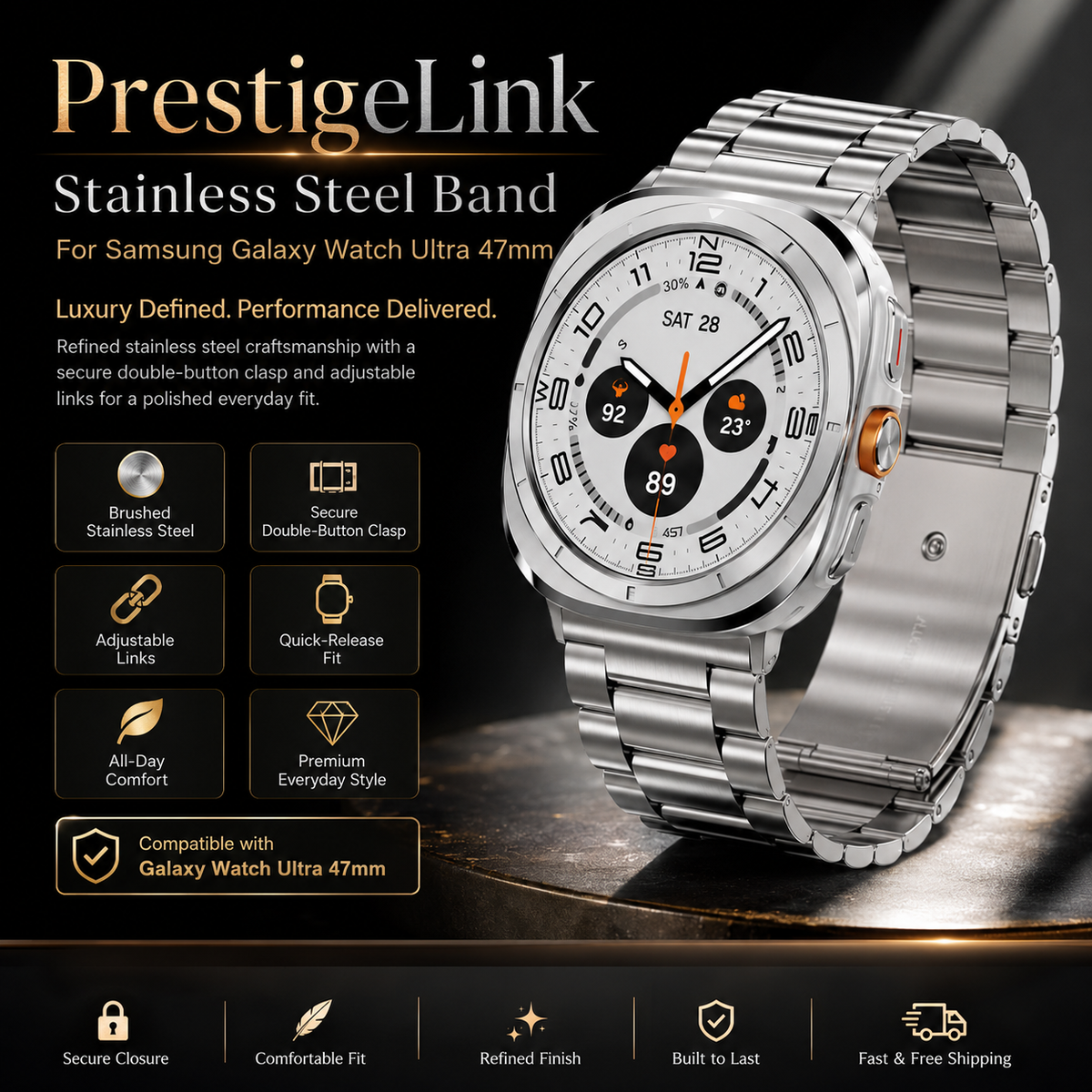 Stainless Steel Watch Band 47mm Smartwatch Metal Band Premium Finish Adjustable Wristband Elegant | Sansoti