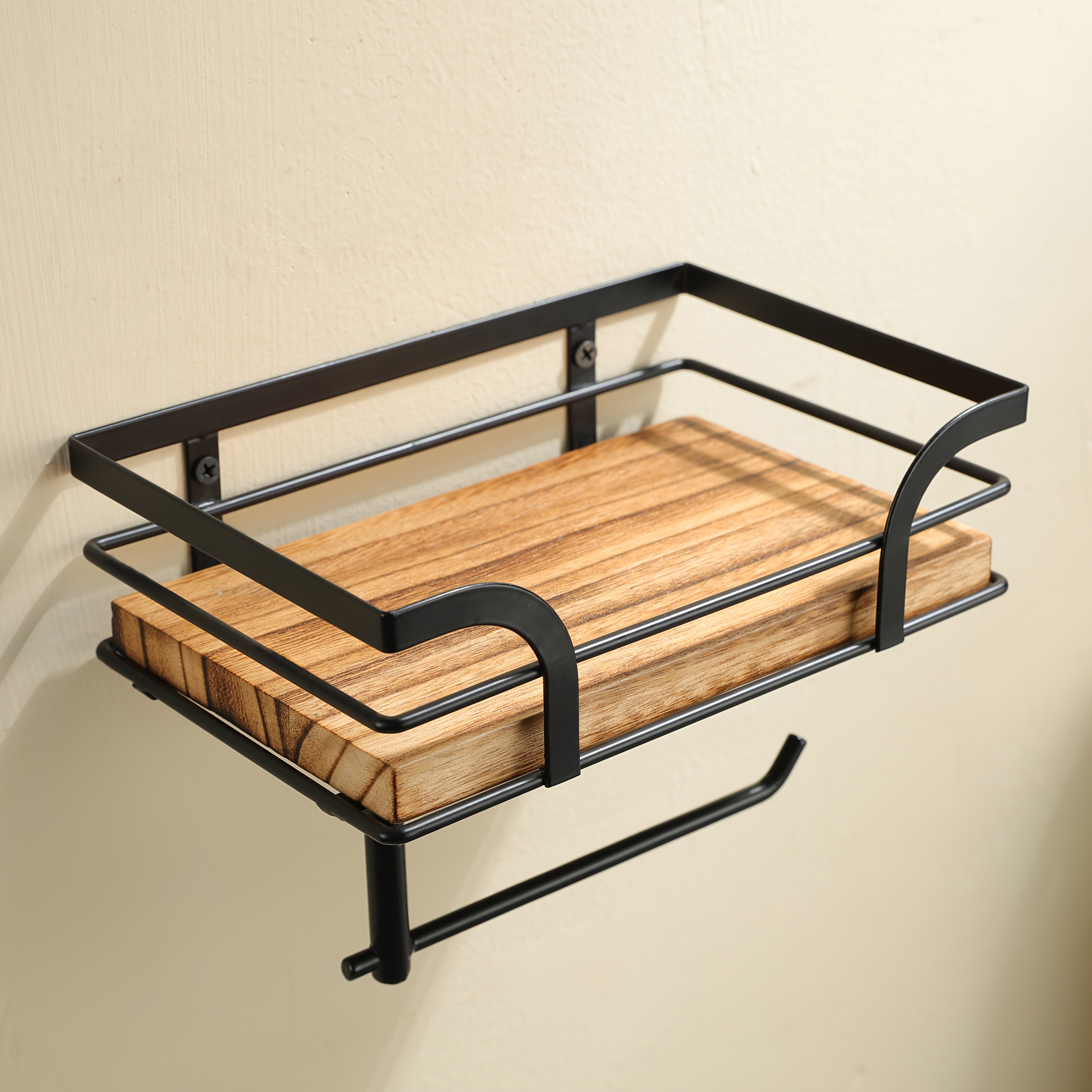 Wandplank Badkamer Smeedijzer Hout met Toiletrolhouder 20cm Zwart Toilet Opberger Wc Rek Muurplank | Sansoti
