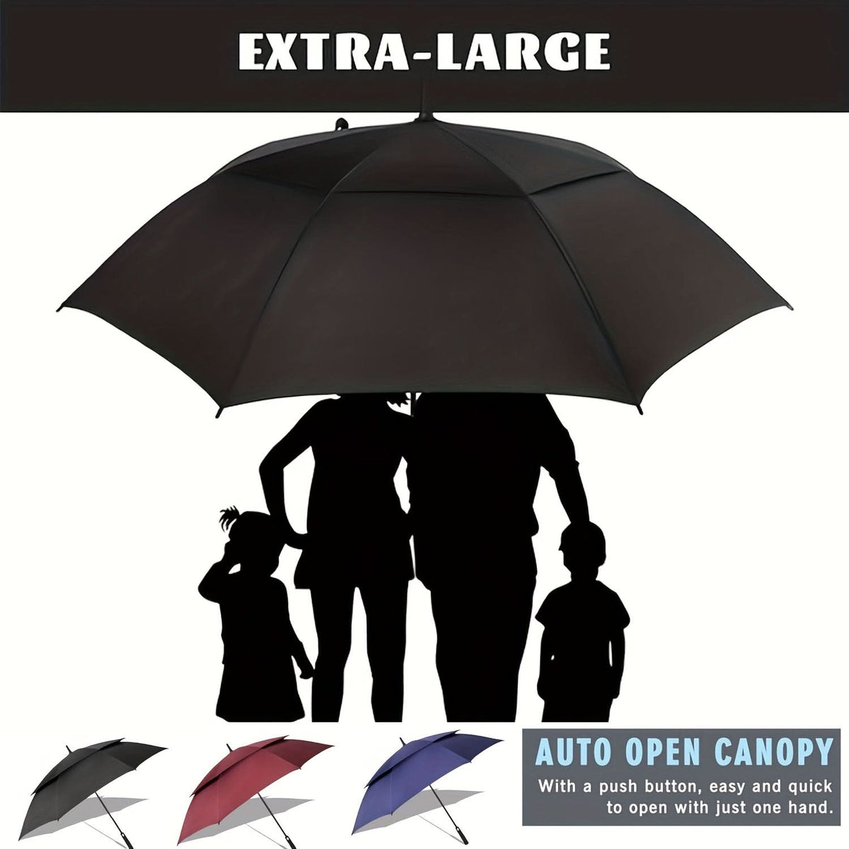 Extra-Large Automatic Umbrella with Vented Double Canopy, Wind-Resistant, for Golf, Walking, and Events | Sansoti