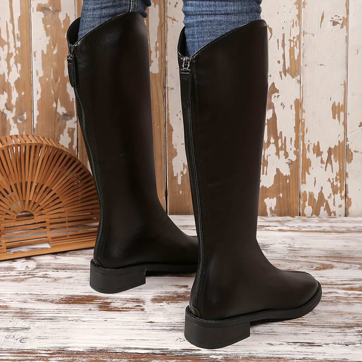Knee-High Boots with Block Heel Black Leather Zipper Women's Winter Boots Elegant Riding Boots Comfortable Stylish | Sansoti