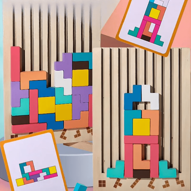 Houten 3D Puzzelspel voor Kinderen – Creatief Tetris Stapelspel met Geometrische Blokken – Ruimtelijk Inzicht & Handcoördinatie | Sansoti