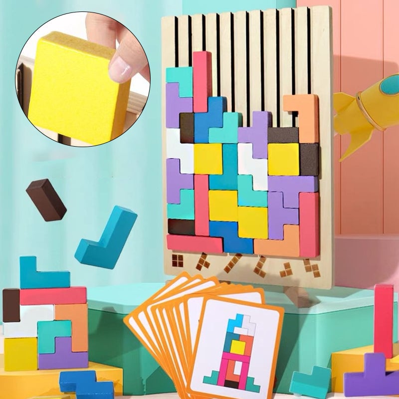 Houten 3D Puzzelspel voor Kinderen – Creatief Tetris Stapelspel met Geometrische Blokken – Ruimtelijk Inzicht & Handcoördinatie | Sansoti