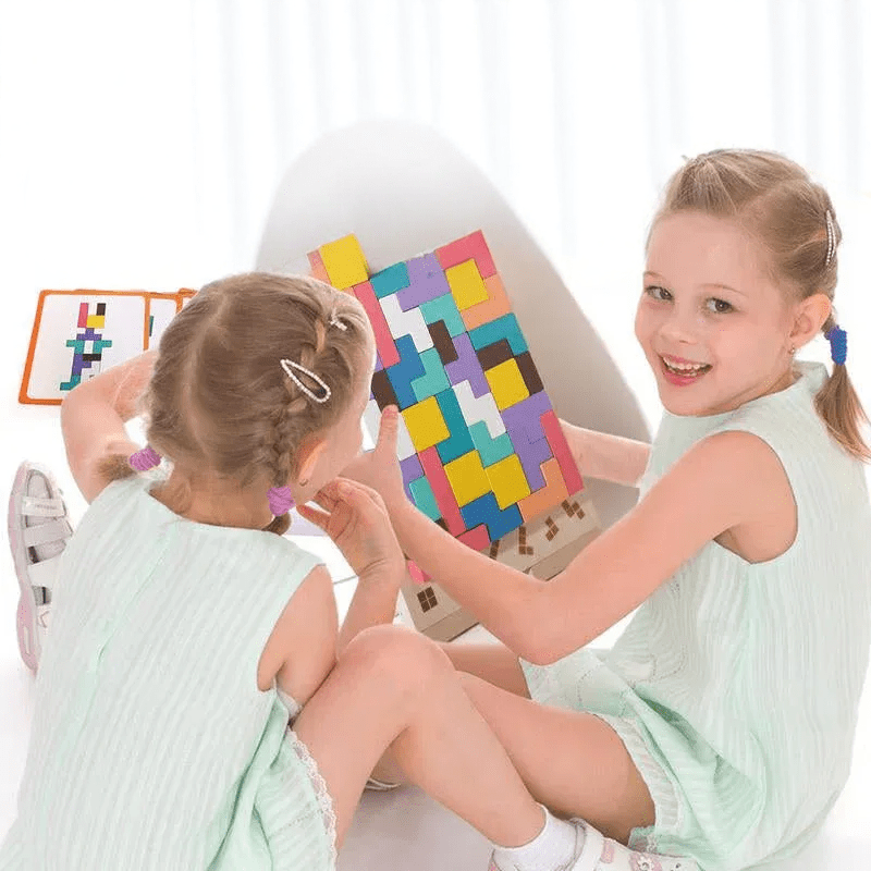 Houten 3D Puzzelspel voor Kinderen – Creatief Tetris Stapelspel met Geometrische Blokken – Ruimtelijk Inzicht & Handcoördinatie | Sansoti