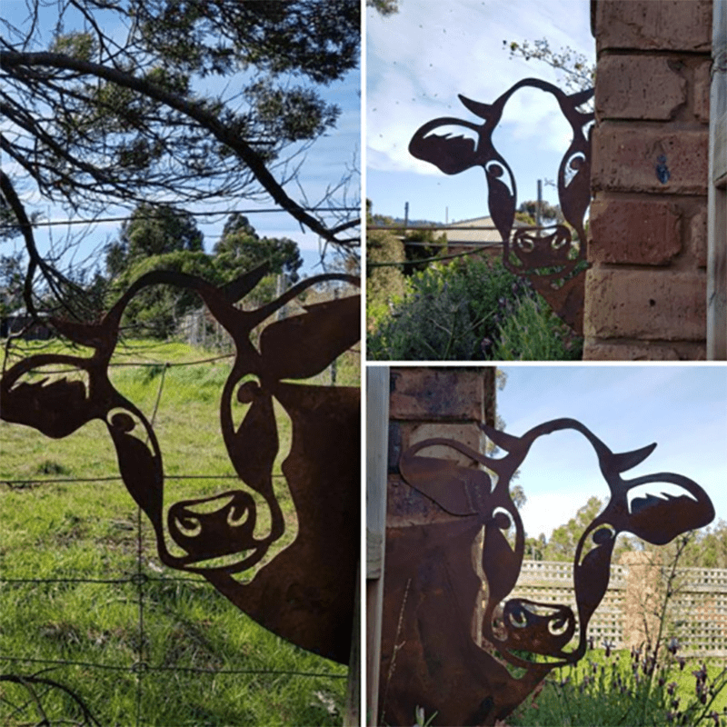 Décoration murale en métal représentant un animal de ferme, 28 x 29 cm, fer brun, ornement de jardin, décoration extérieure rustique, fait main | Sansoti