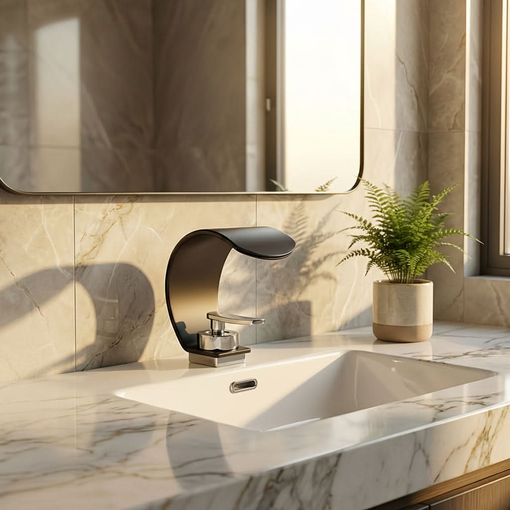 Wasserfall-Waschtischarmatur, gebogen, Chrom, Edelstahl, Spiegelfinish, Einhebelmischer, Einlochmontage, moderne Badarmatur | Sansoti