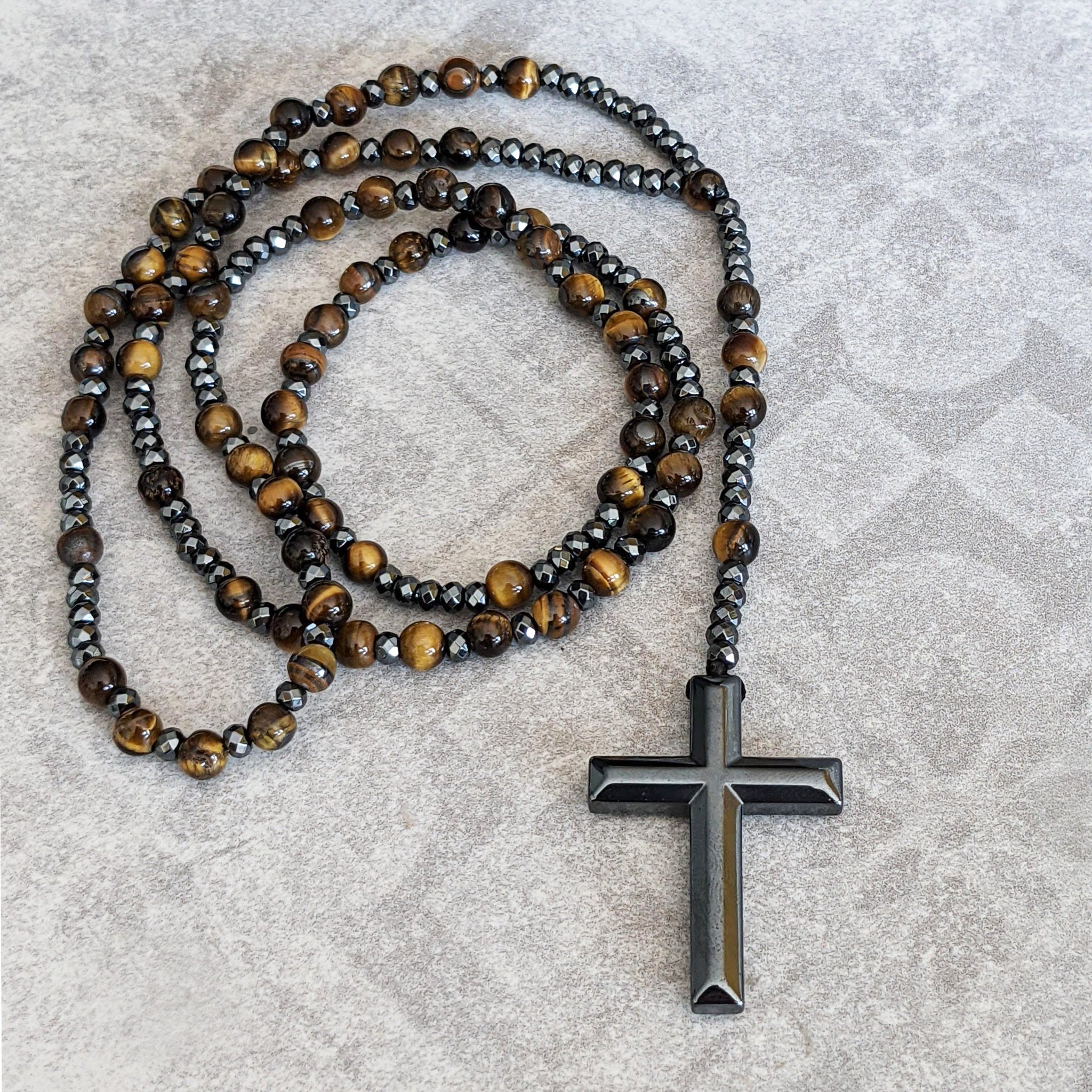 Natuursteen Rozenkrans Ketting met Kruis Hanger voor Mannen Zwart Blauw Groen Grijs | Sansoti