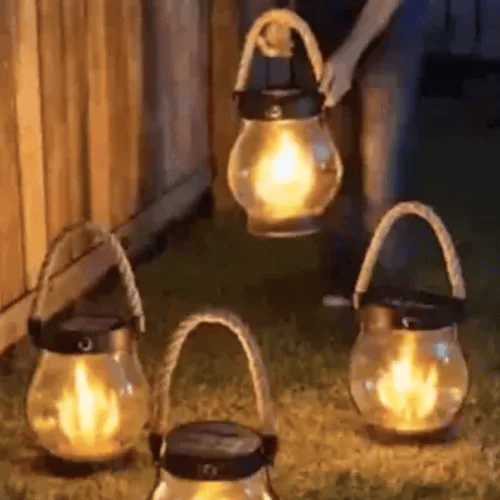 Zonne-energie Lantaarn Vlam Effect 22 LED 25,5cm Buiten Tuin Terras Hangend Zonne-energie Sfeerverlichting Henneptouw Waterdicht | Sansoti