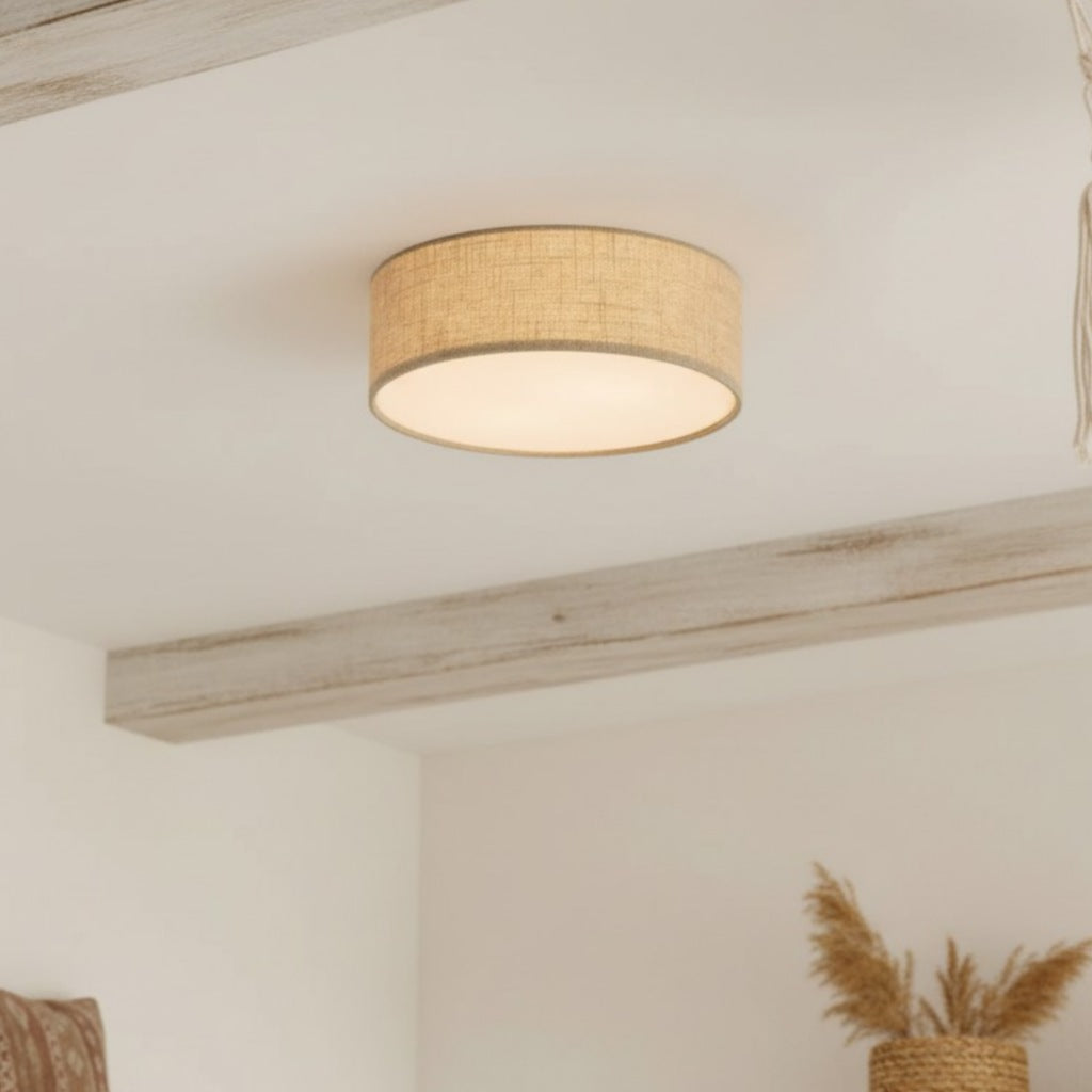 Linen ceiling lamp with drum shade, modern design, E27 socket, Scandinavian style, bedroom, living room | Sansoti