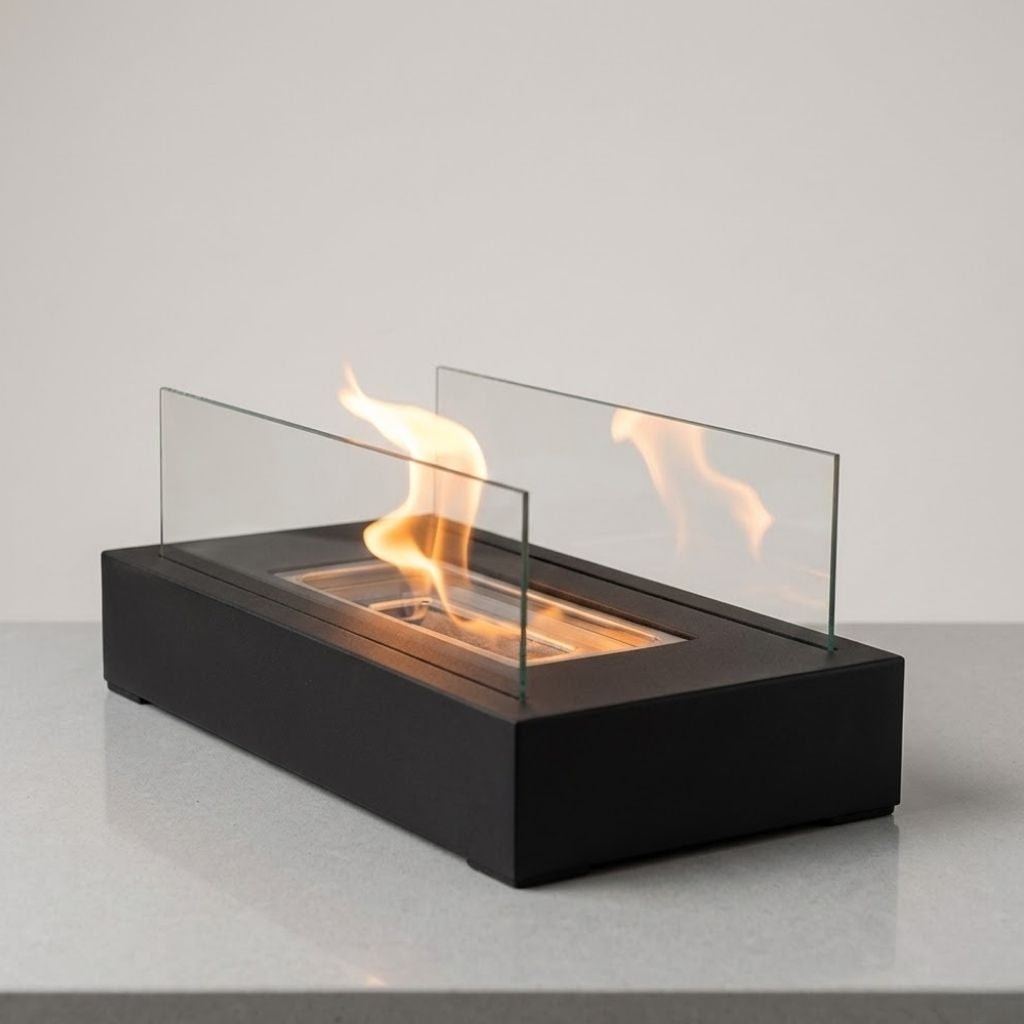 Tisch-Feuerstelle Rechteckig Gehärtetes Glas Bioethanol Stimmungswärme Innen Außen Tragbares Modernes Design | Sansoti