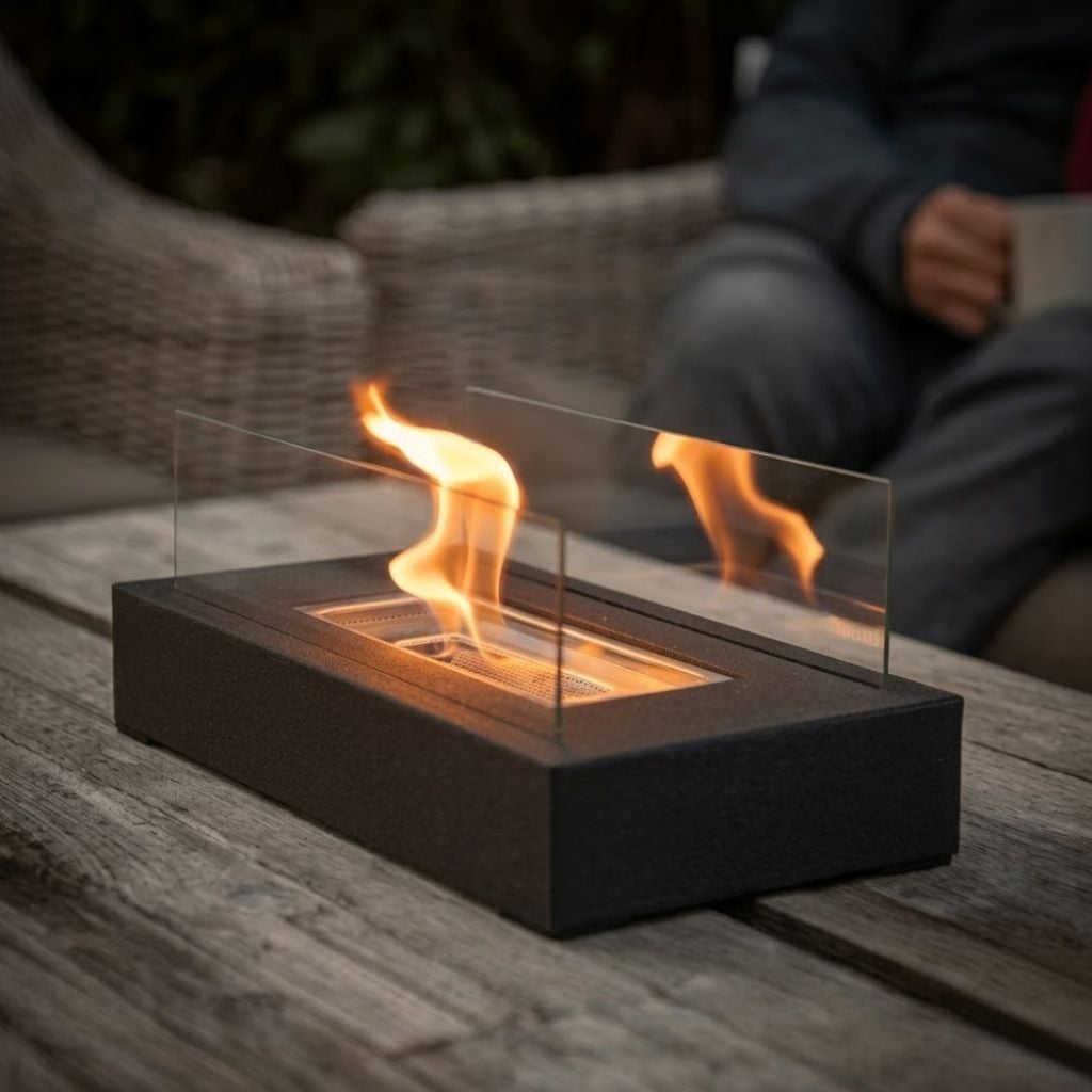 Tisch-Feuerstelle Rechteckig Gehärtetes Glas Bioethanol Stimmungswärme Innen Außen Tragbares Modernes Design | Sansoti