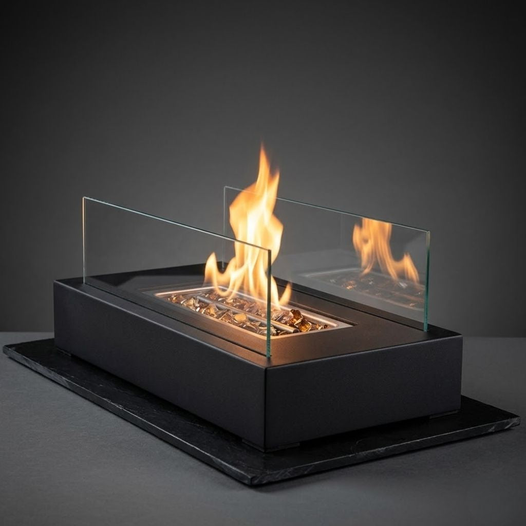 Tisch-Feuerstelle Rechteckig Gehärtetes Glas Bioethanol Stimmungswärme Innen Außen Tragbares Modernes Design | Sansoti