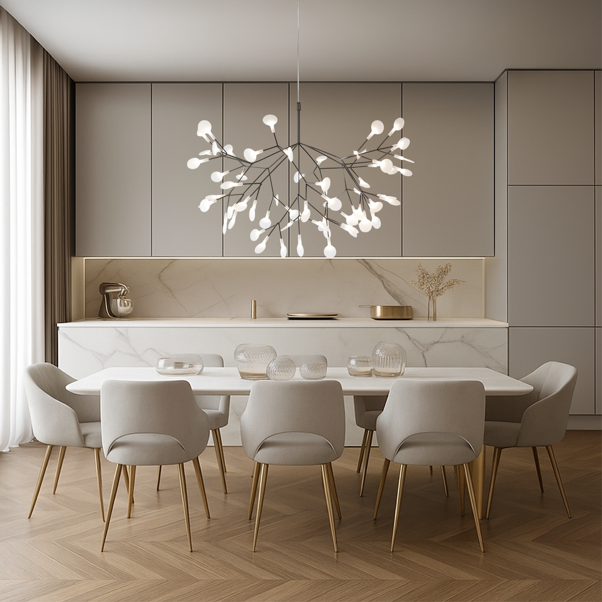 Suspension en acrylique ramifiée avec petites sphères lumineuses flottantes, blanc chaud, neutre ou froid, design moderne scandinave | Sansoti