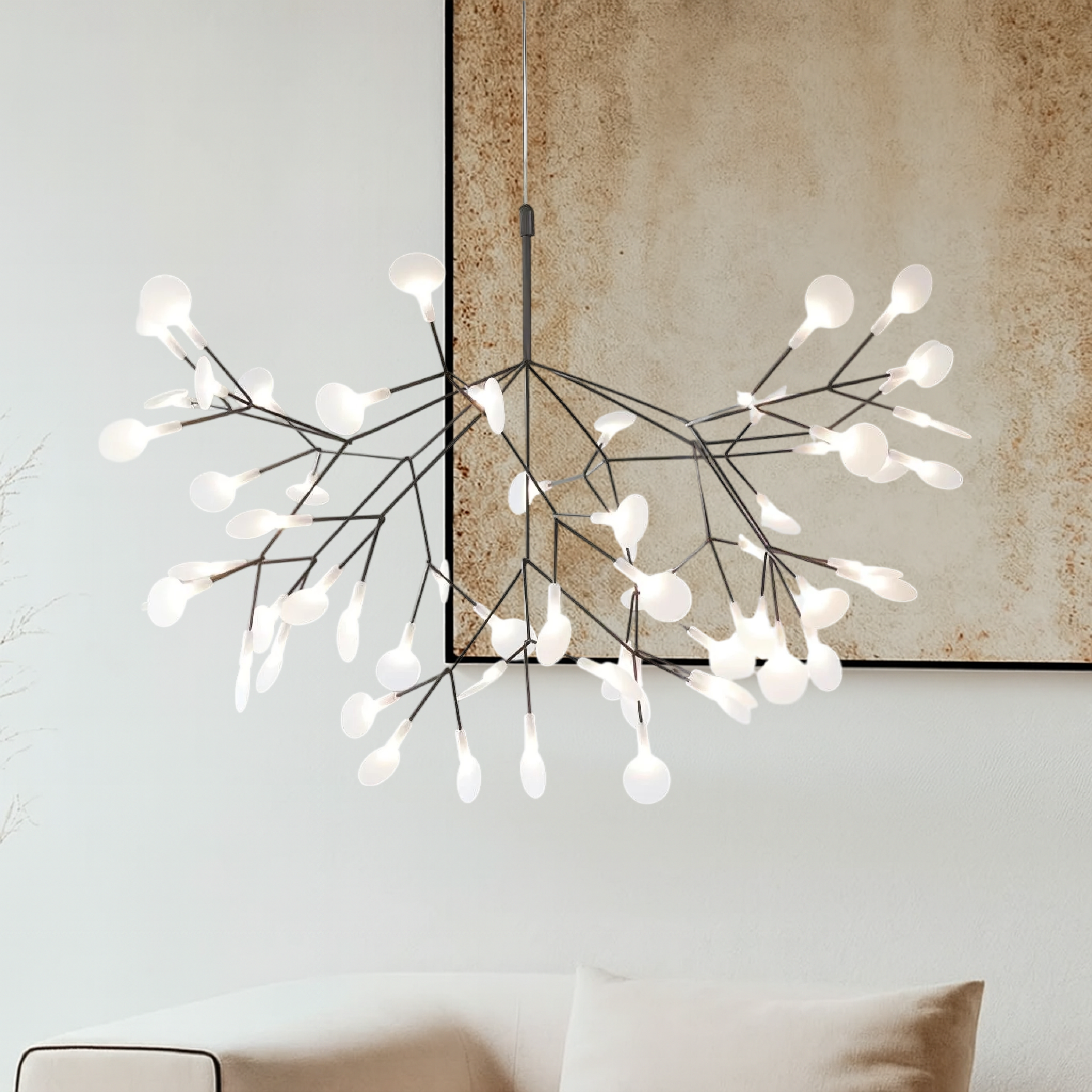 Suspension en acrylique ramifiée avec petites sphères lumineuses flottantes, blanc chaud, neutre ou froid, design moderne scandinave | Sansoti