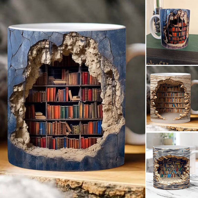 Keramische Mok met 3D-Boekenplankdesign – Gezellige Mokken voor Boekenliefhebbers | Sansoti
