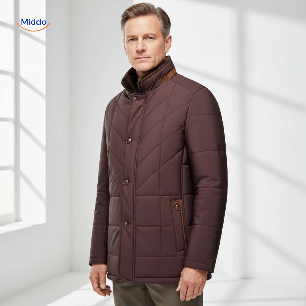 Gesteppte Herrenjacke aus Polyester mit Stehkragen und Seitentaschen - Übergangszeit, lässig, geschäftlich, stilvoll, für Frühlingswetter | Sansoti