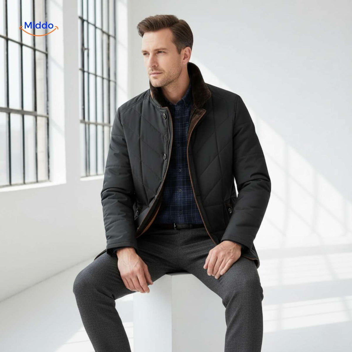 Gesteppte Herrenjacke aus Polyester mit Stehkragen und Seitentaschen - Übergangszeit, lässig, geschäftlich, stilvoll, für Frühlingswetter | Sansoti