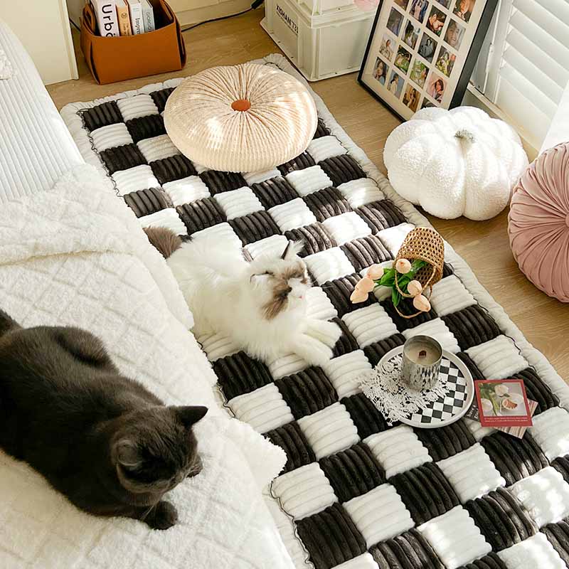 Pluche Huisdier Hondendeken Vierkant Geruit Diepe Slaapmat Bankbeschermer Kleed Crèmekleurig Hond Kat | Sansoti