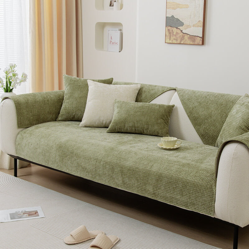 Chenille Wafelstoffen Bankhoes Antislip Bescherming Meubels Huisdieren Vlekken Groen Grijs Blauw Beige | Sansoti