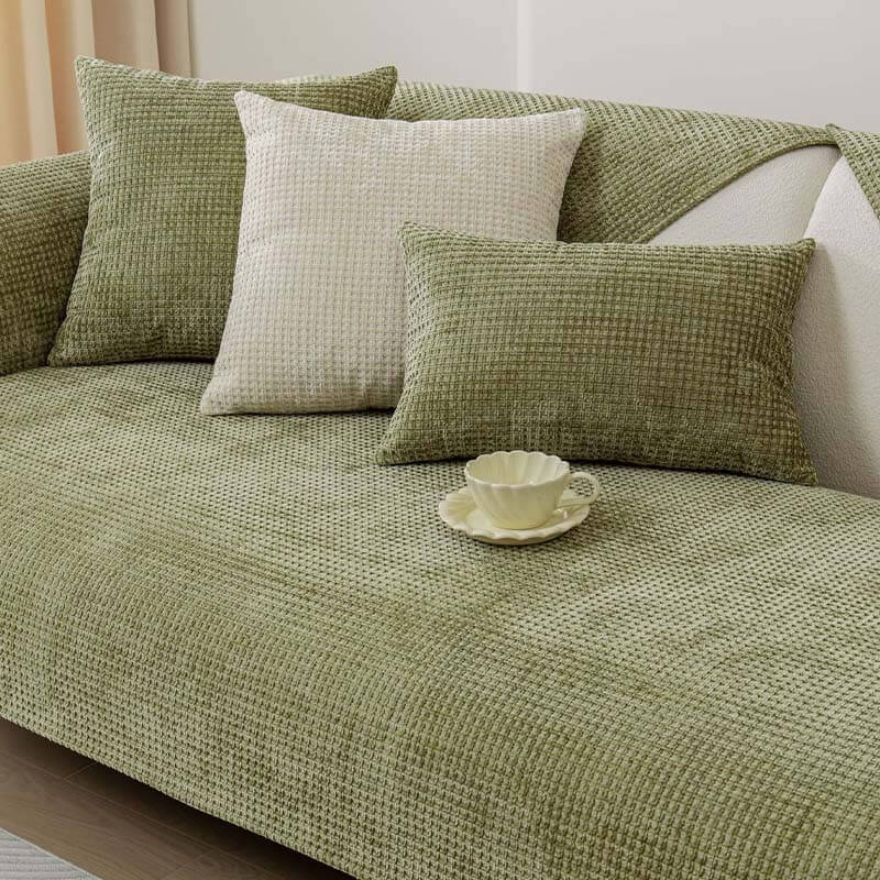 Chenille Wafelstoffen Bankhoes Antislip Bescherming Meubels Huisdieren Vlekken Groen Grijs Blauw Beige | Sansoti