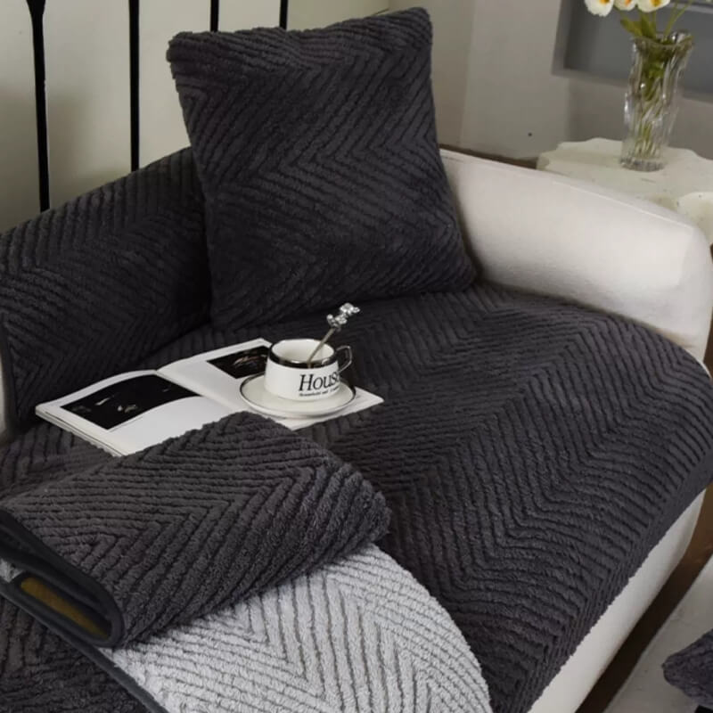 Herringbone Sofa Cover Plush Non-Slip Velour Thick Soft Sofa Protector Living Room Furniture Protection Multiple Sizes | Sansoti