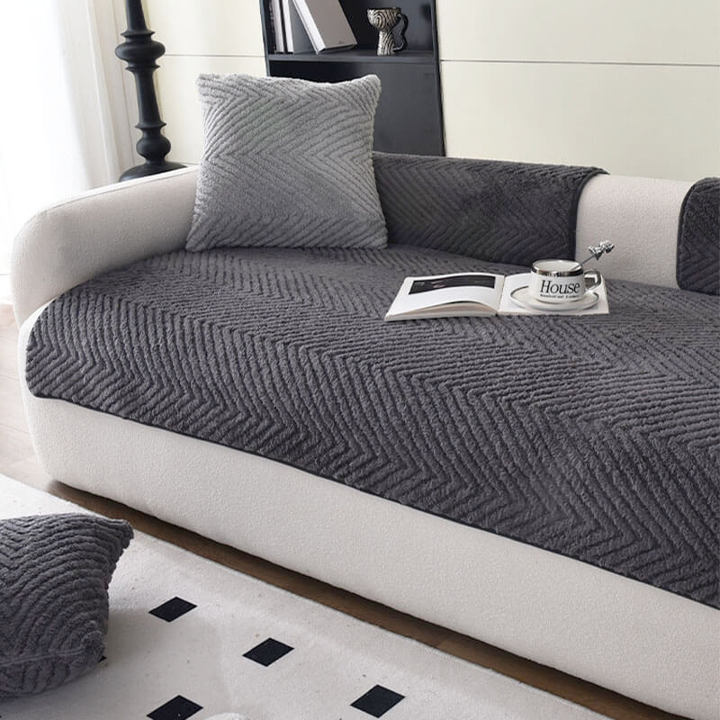 Herringbone Sofa Cover Plush Non-Slip Velour Thick Soft Sofa Protector Living Room Furniture Protection Multiple Sizes | Sansoti