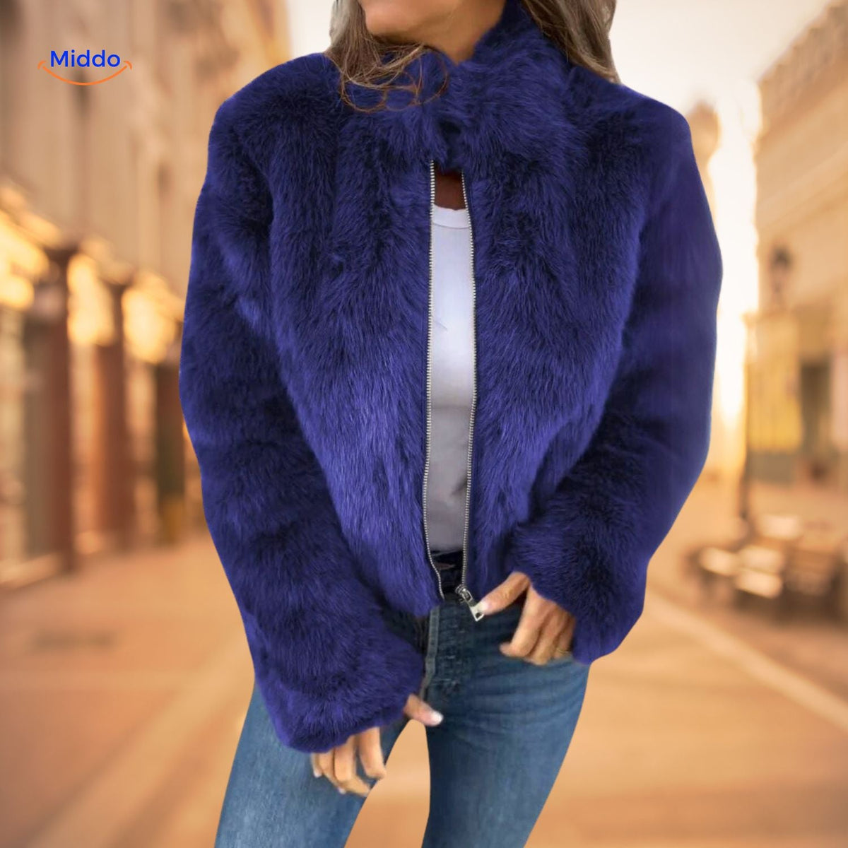 Damenjacke aus Kunstpelz mit hohem Kragen und Reißverschluss, Winterjacke, warm, elegant, leger, stilvoll und bequem | Sansoti