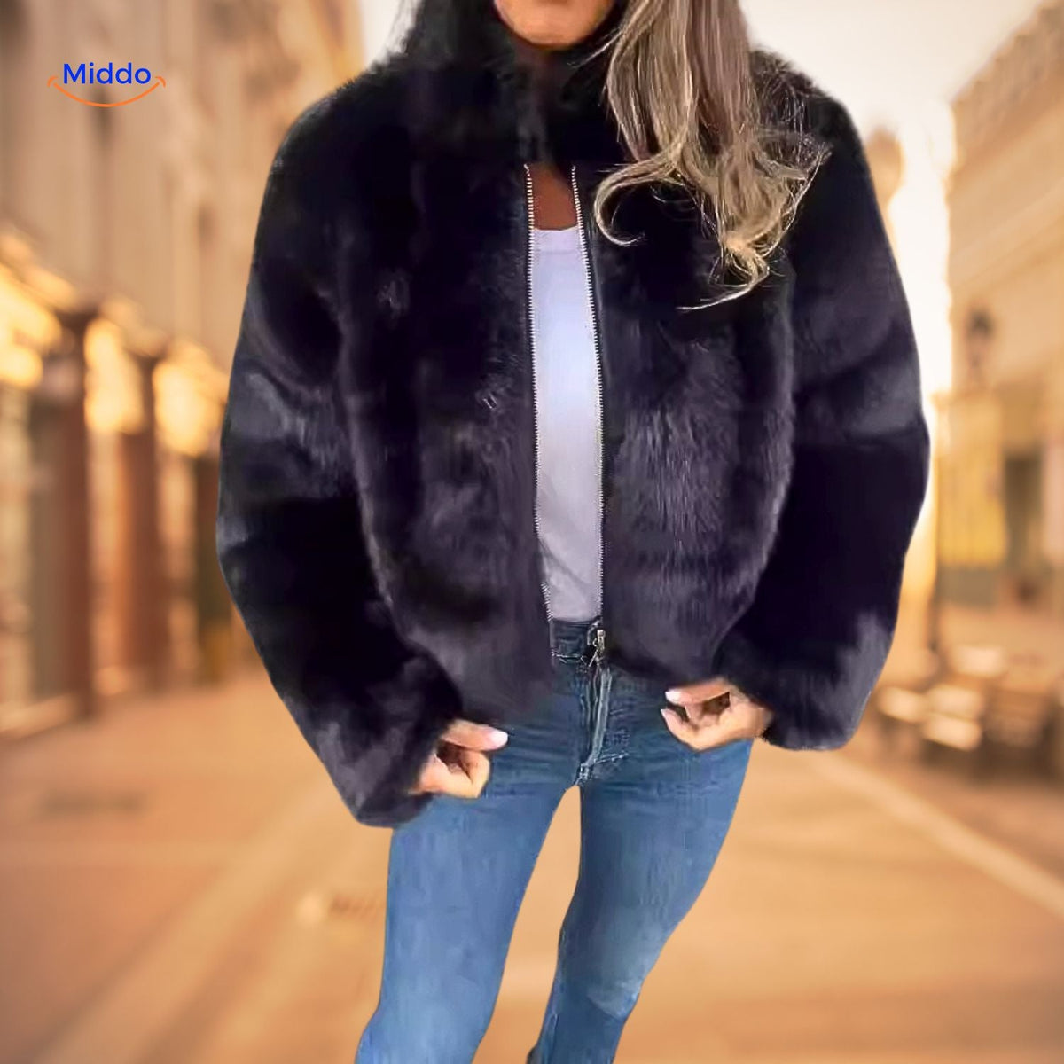 Damenjacke aus Kunstpelz mit hohem Kragen und Reißverschluss, Winterjacke, warm, elegant, leger, stilvoll und bequem | Sansoti