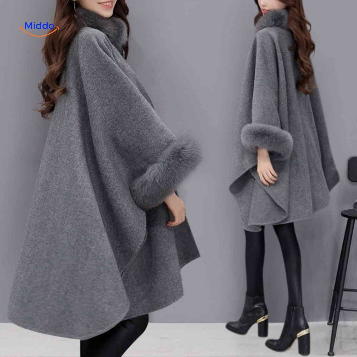 Cape en laine avec col en fourrure pour femme, coupe trois-quarts trapèze, chaude, élégante, pour l’automne et l’hiver, poncho portefeuille | Sansoti