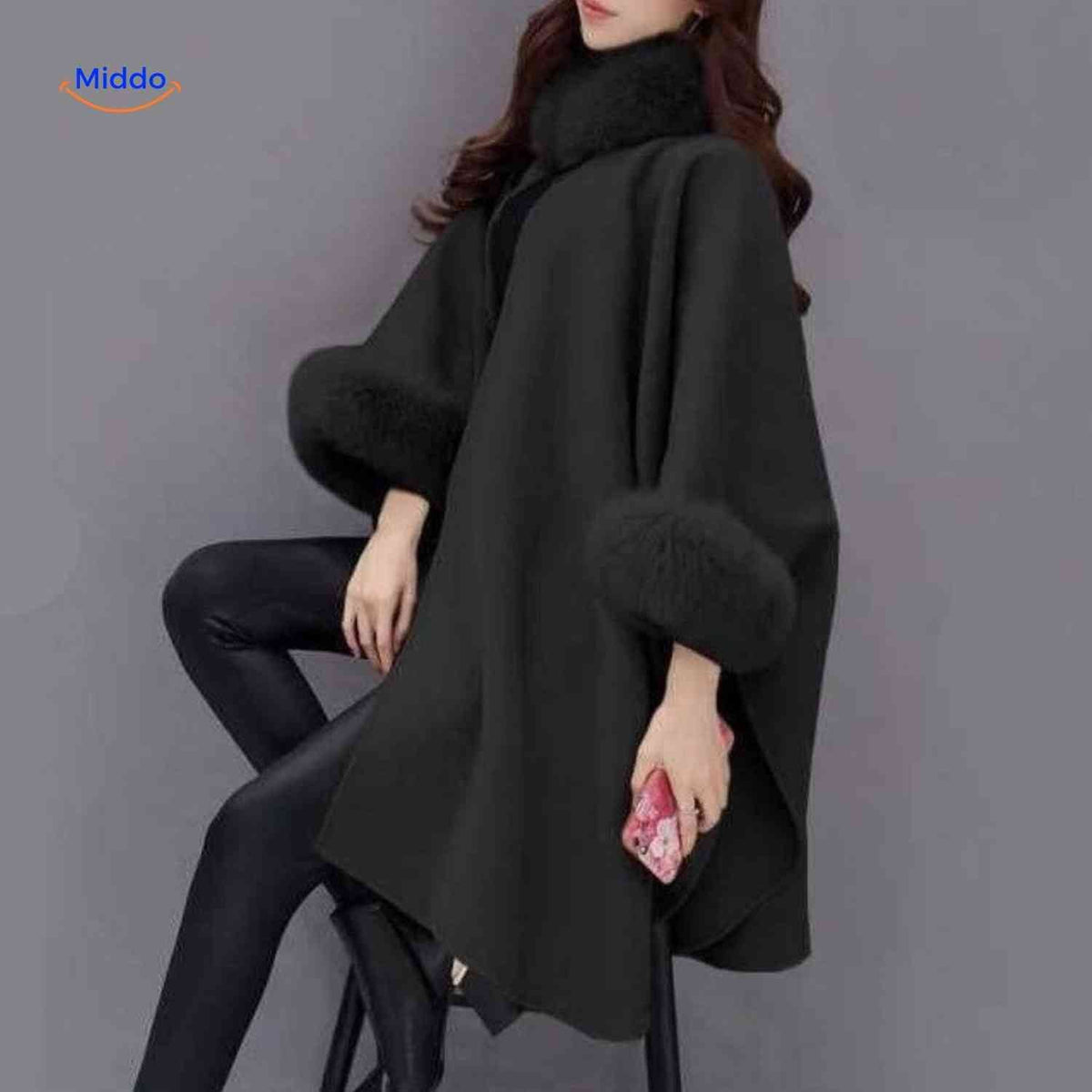 Cape en laine avec col en fourrure pour femme, coupe trois-quarts trapèze, chaude, élégante, pour l’automne et l’hiver, poncho portefeuille | Sansoti