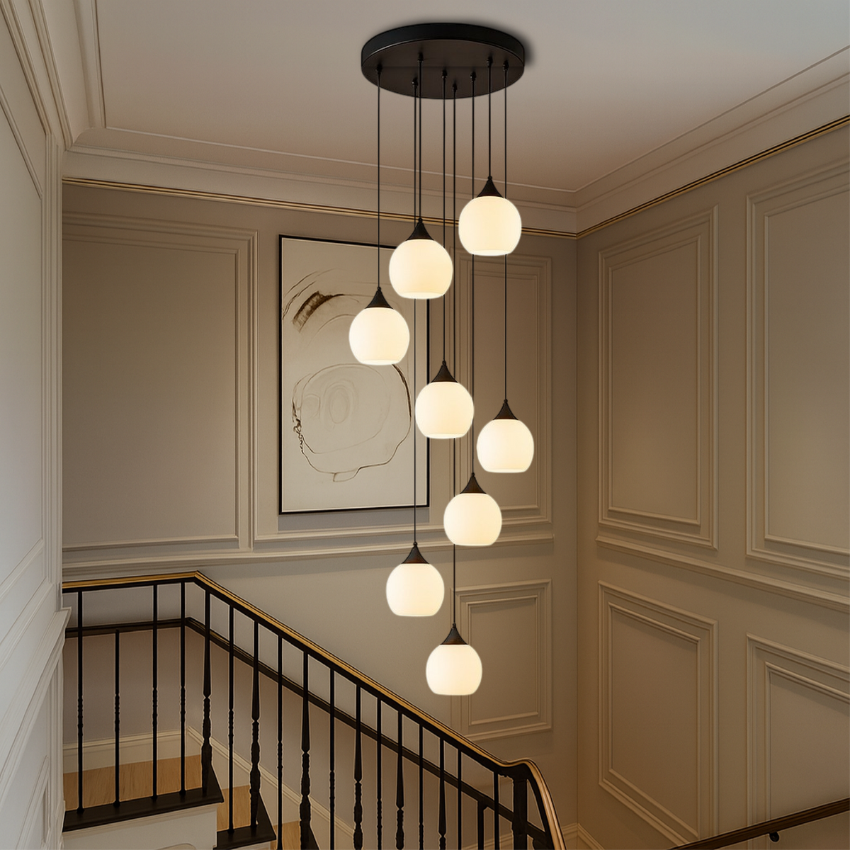 Lustre classique pour cage d’escalier en métal et verre, LED, réglable, éclairage luxueux, lumière chaude, suspension de 35 cm | Sansoti
