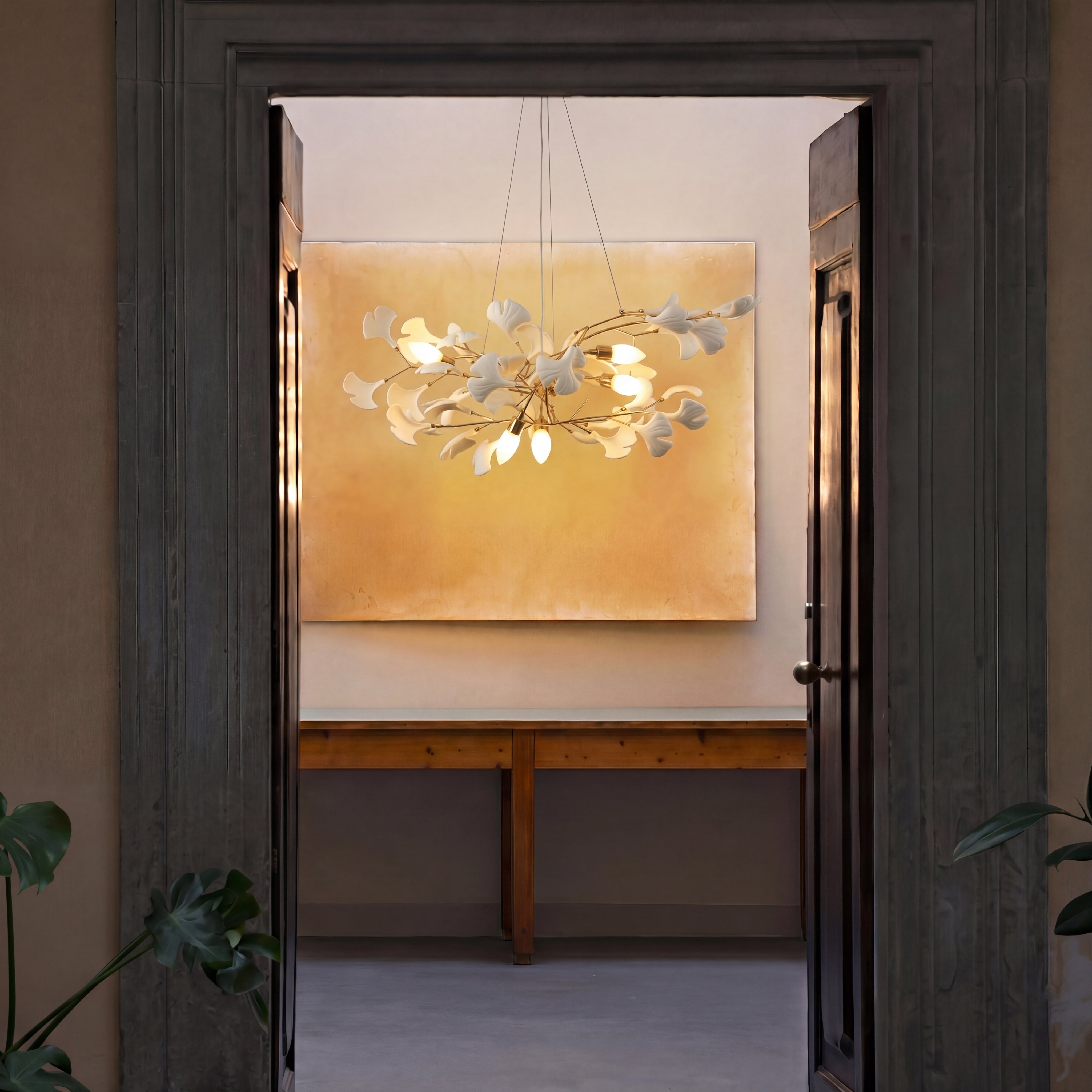 Suspension feuille de ginkgo en céramique avec LED et cordon réglable, pour salle à manger et salon, design moderne scandinave | Sansoti