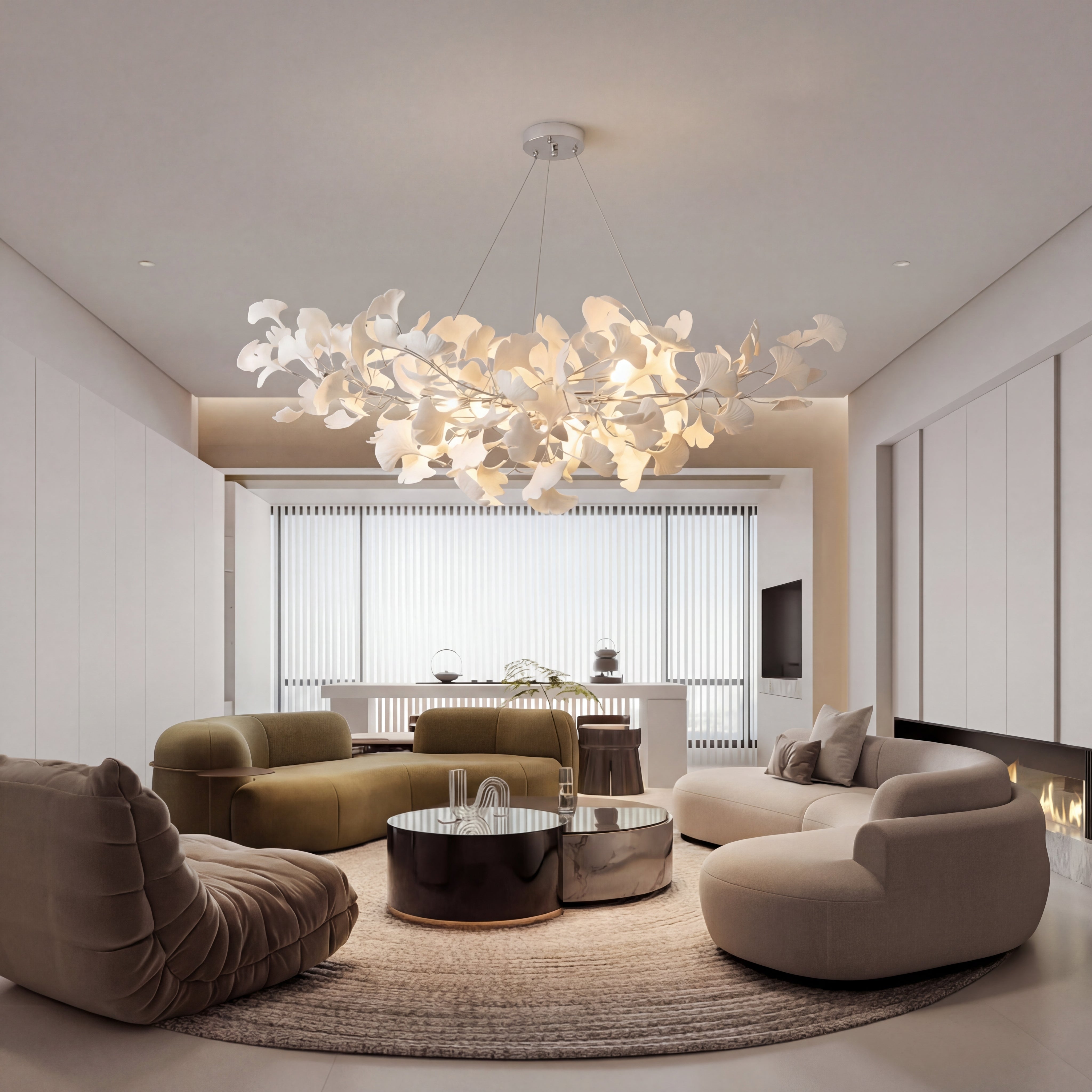 Suspension feuille de ginkgo en céramique avec LED et cordon réglable, pour salle à manger et salon, design moderne scandinave | Sansoti