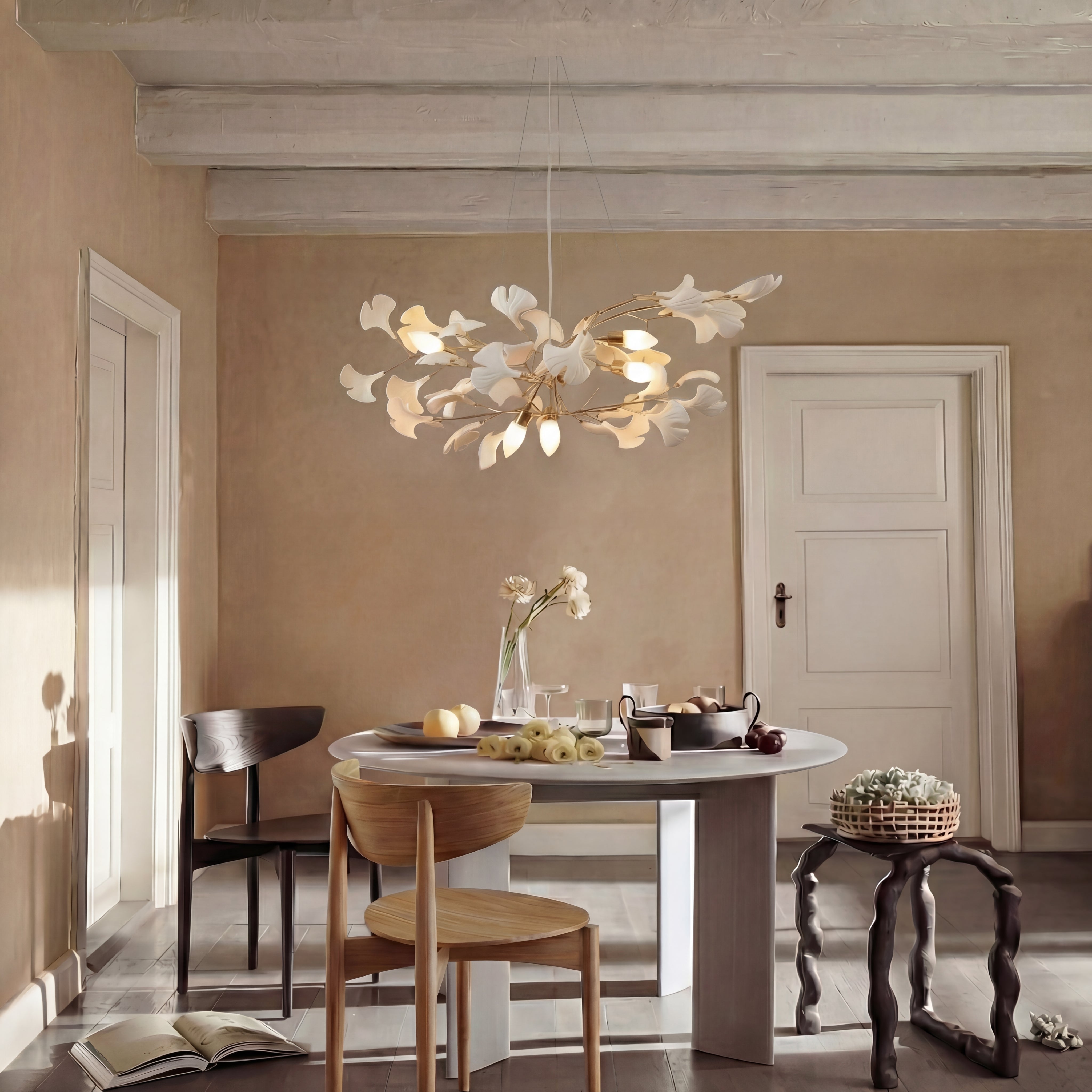 Suspension feuille de ginkgo en céramique avec LED et cordon réglable, pour salle à manger et salon, design moderne scandinave | Sansoti