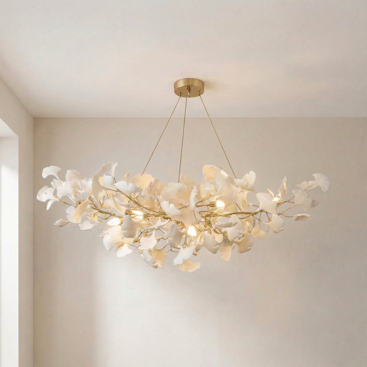 Suspension feuille de ginkgo en céramique avec LED et cordon réglable, pour salle à manger et salon, design moderne scandinave | Sansoti