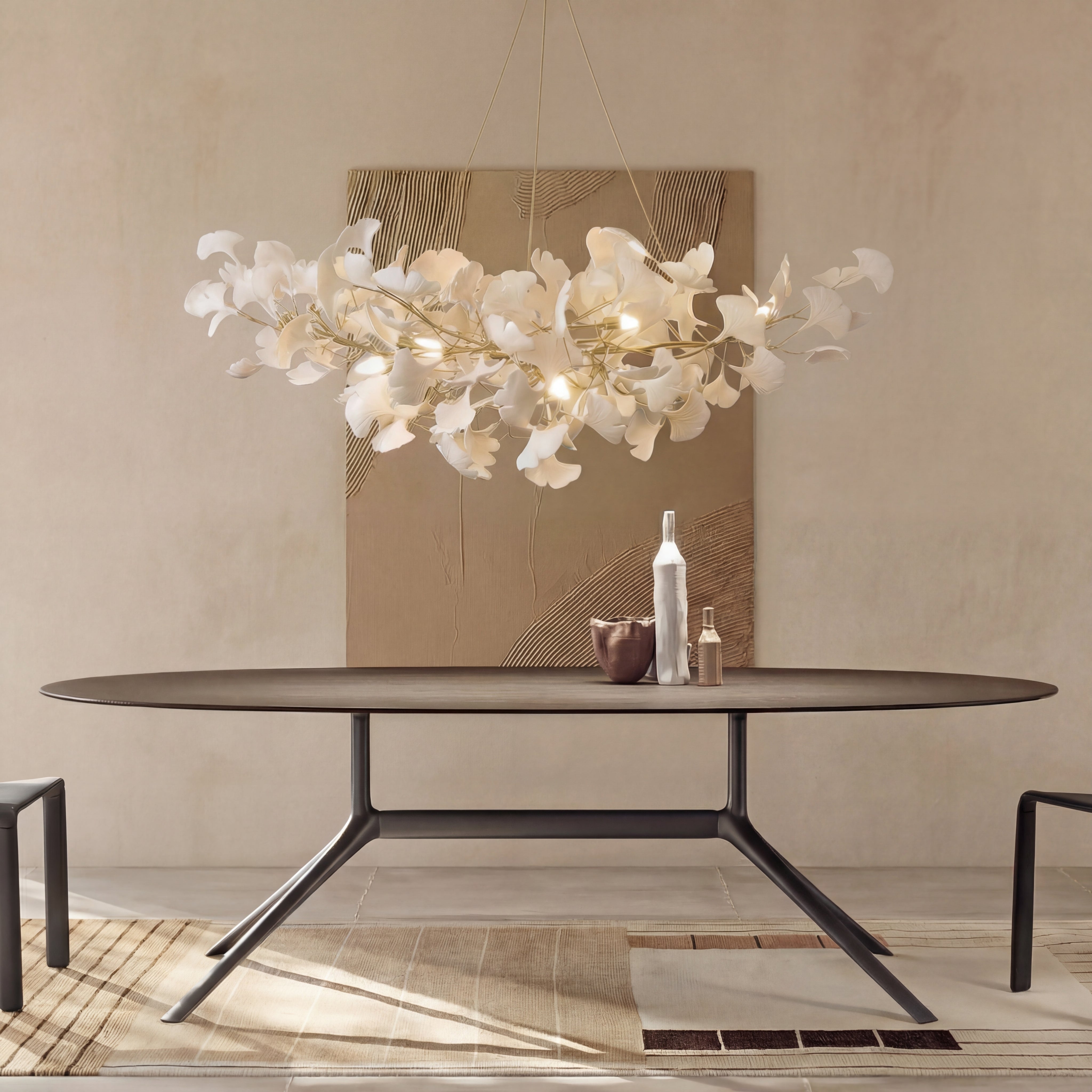 Suspension feuille de ginkgo en céramique avec LED et cordon réglable, pour salle à manger et salon, design moderne scandinave | Sansoti