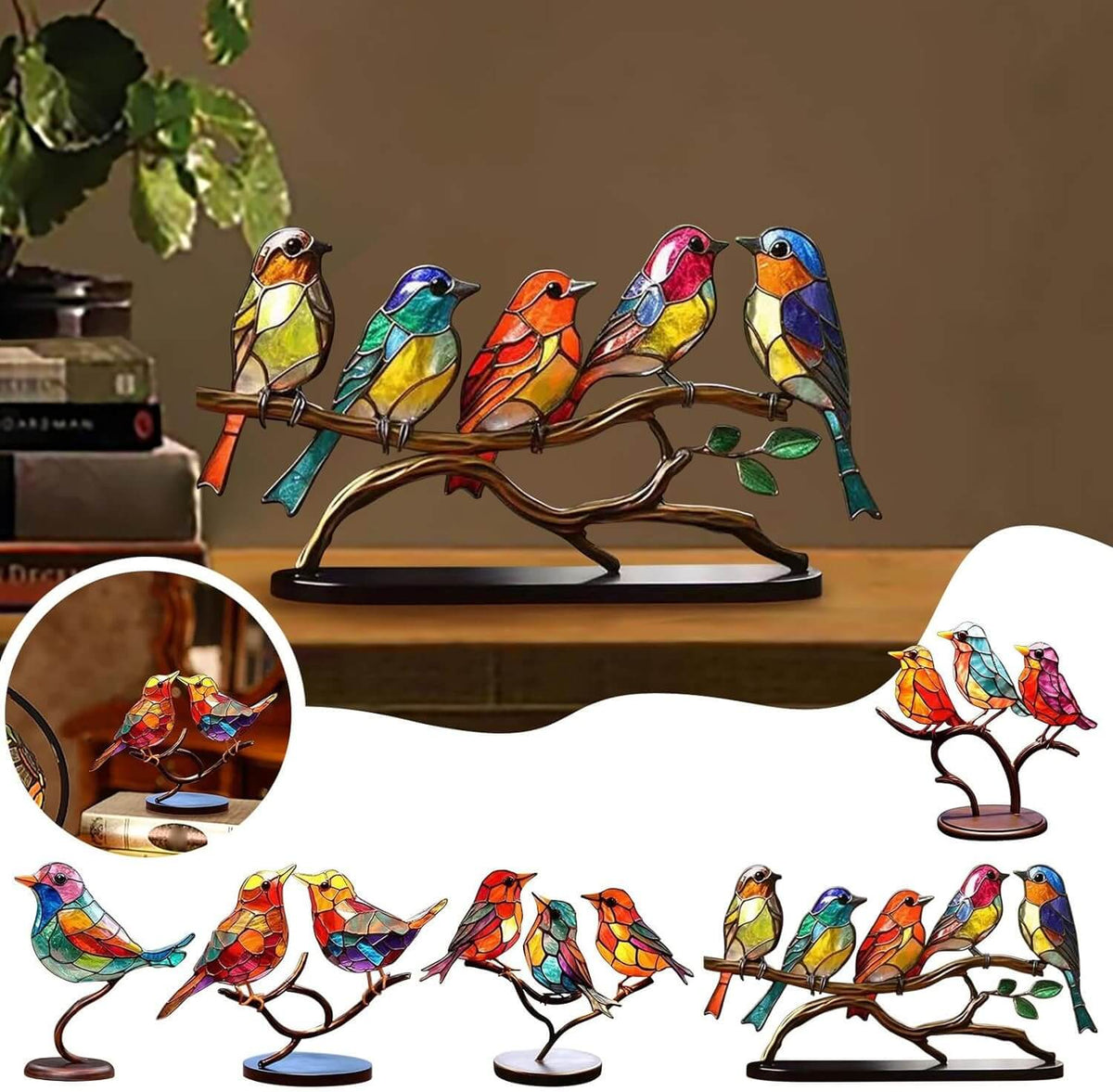 Glazen Vogels op Tak Decoratie met Houten Voet Interieur Kleurrijk Glas Woonkamer Bureau Vensterbank | Sansoti