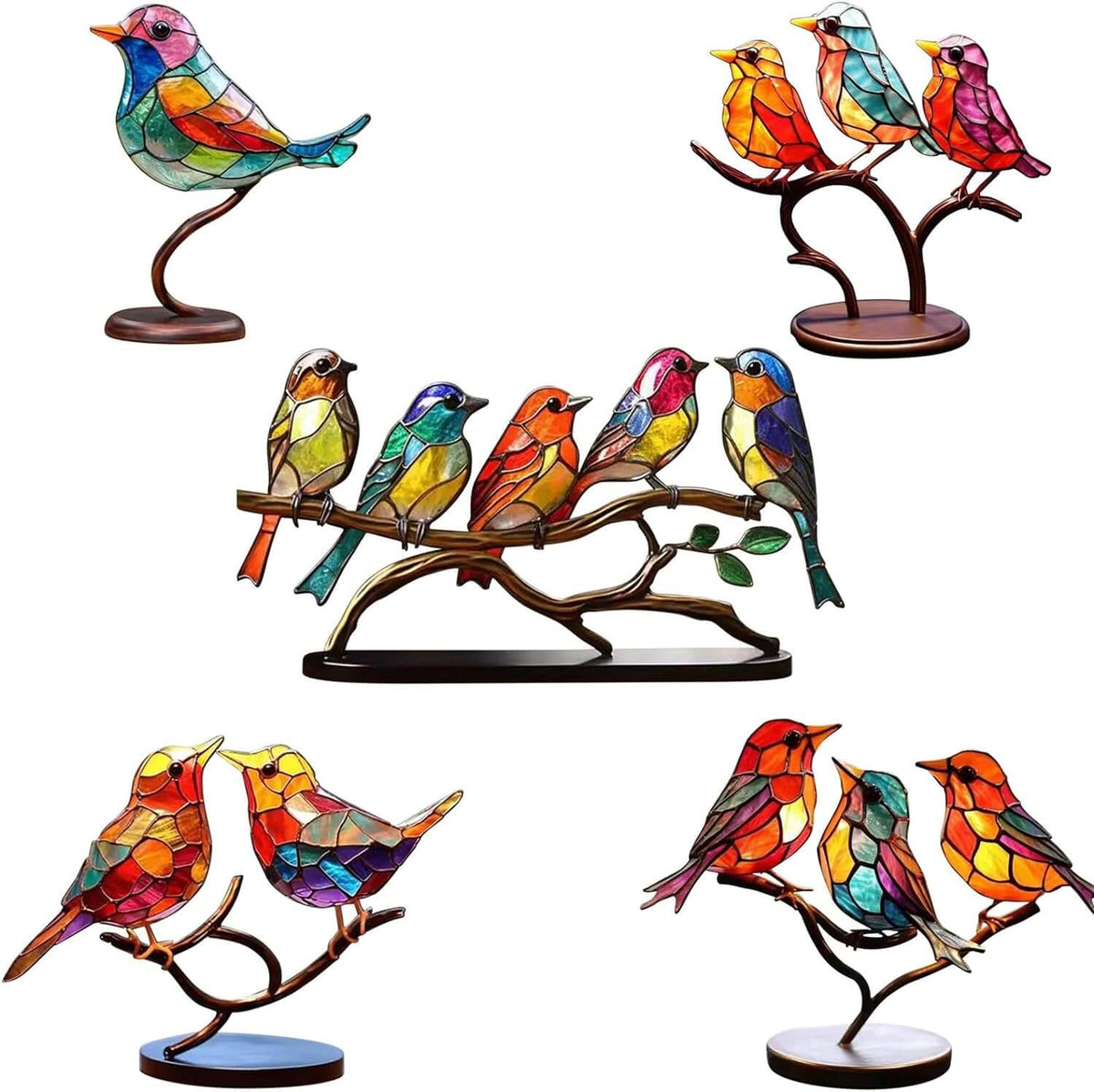 Glazen Vogels op Tak Decoratie met Houten Voet Interieur Kleurrijk Glas Woonkamer Bureau Vensterbank | Sansoti