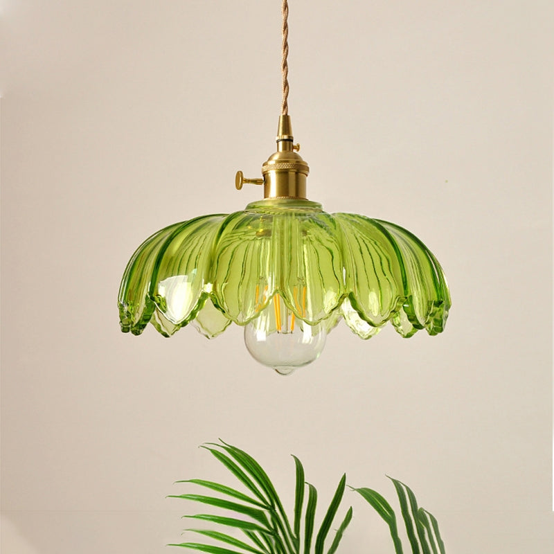 Hanglamp Glas Vintage Bloem Groen Koper 25cm Pendellamp Retro Woonkamer Eetkamer Romantisch | Sansoti