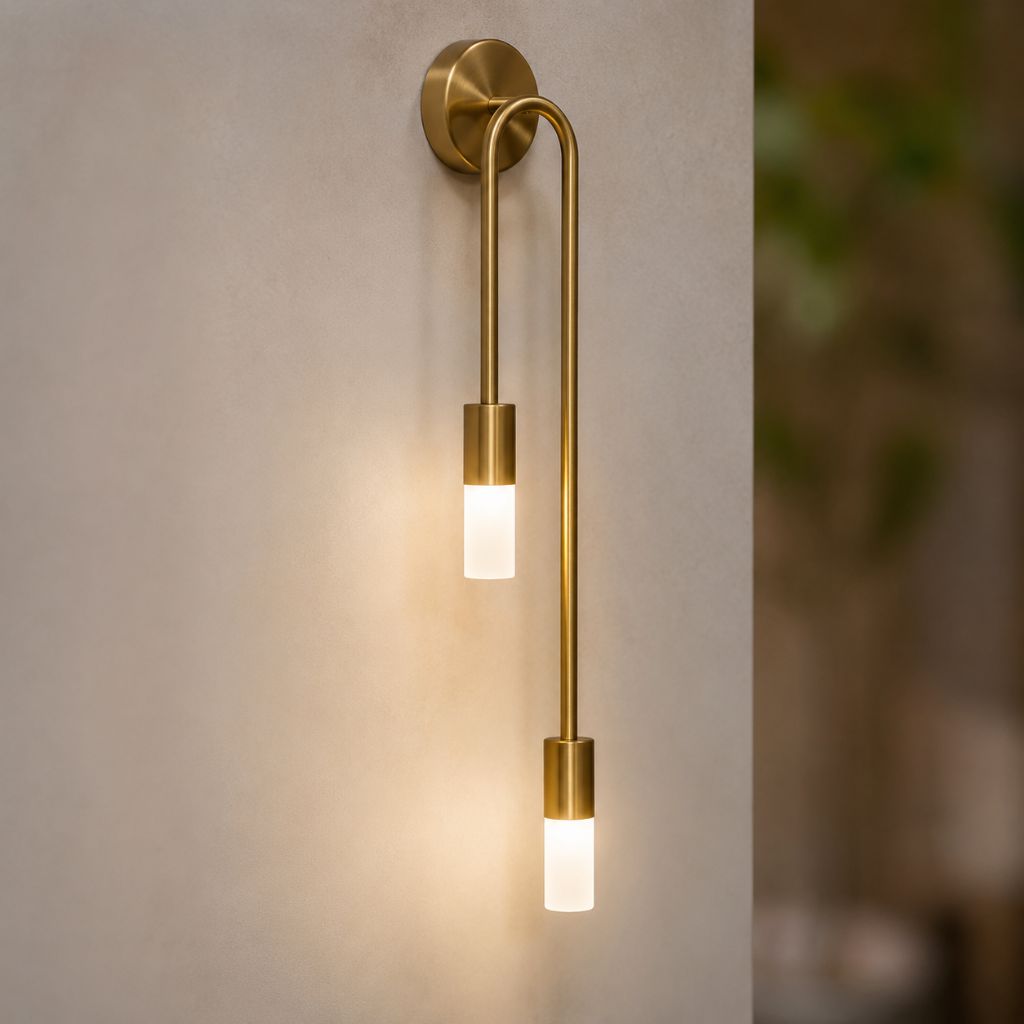 Applique murale dorée avec deux cylindres en verre mat, 55 cm, lumière blanche chaude, design moderne vertical pour le salon | Sansoti