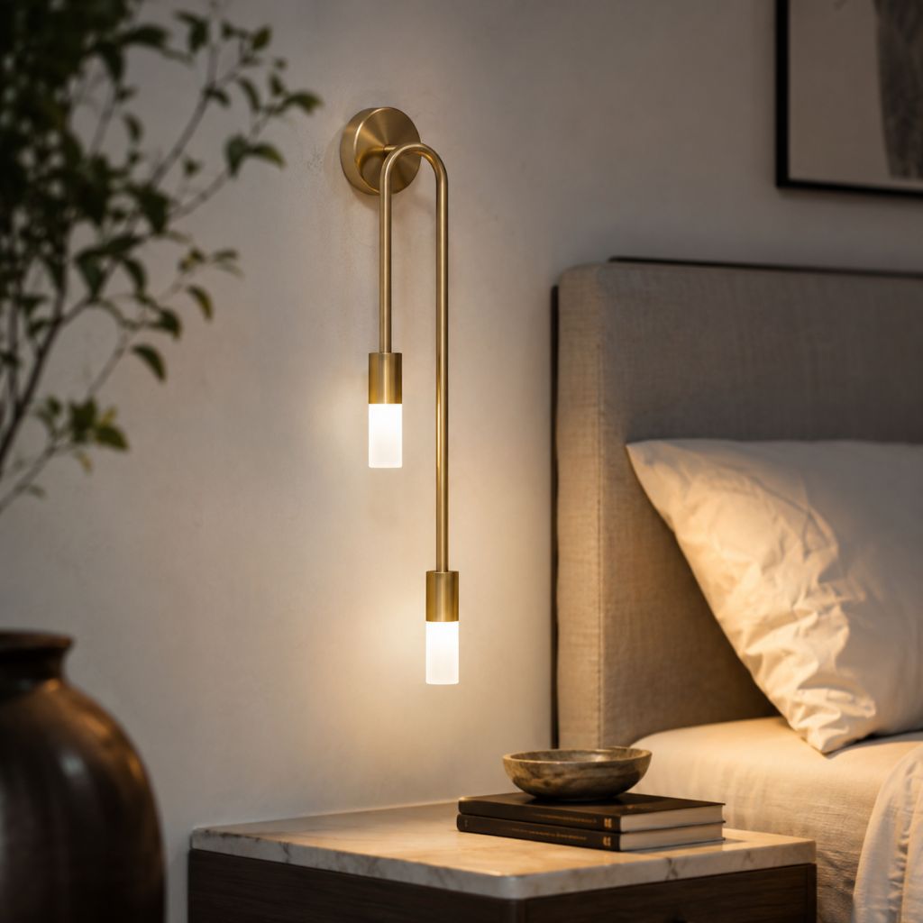 Applique murale dorée avec deux cylindres en verre mat, 55 cm, lumière blanche chaude, design moderne vertical pour le salon | Sansoti
