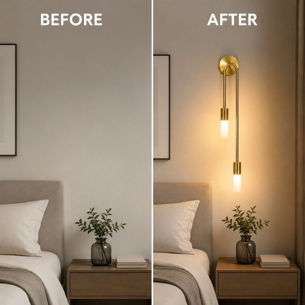 Applique murale dorée avec deux cylindres en verre mat, 55 cm, lumière blanche chaude, design moderne vertical pour le salon | Sansoti