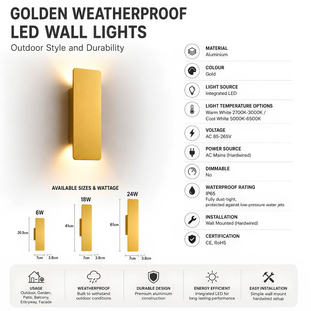 Aluminium-Wandleuchte in Goldoptik, IP65 wasserdichte LED-Außenbeleuchtung für Garten, Balkon und Terrasse, 6 W, 18 W, 24 W | Sansoti