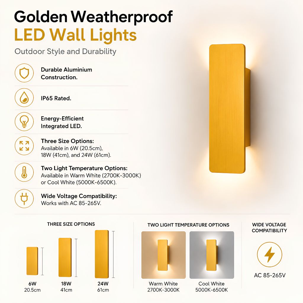 Aluminium-Wandleuchte in Goldoptik, IP65 wasserdichte LED-Außenbeleuchtung für Garten, Balkon und Terrasse, 6 W, 18 W, 24 W | Sansoti