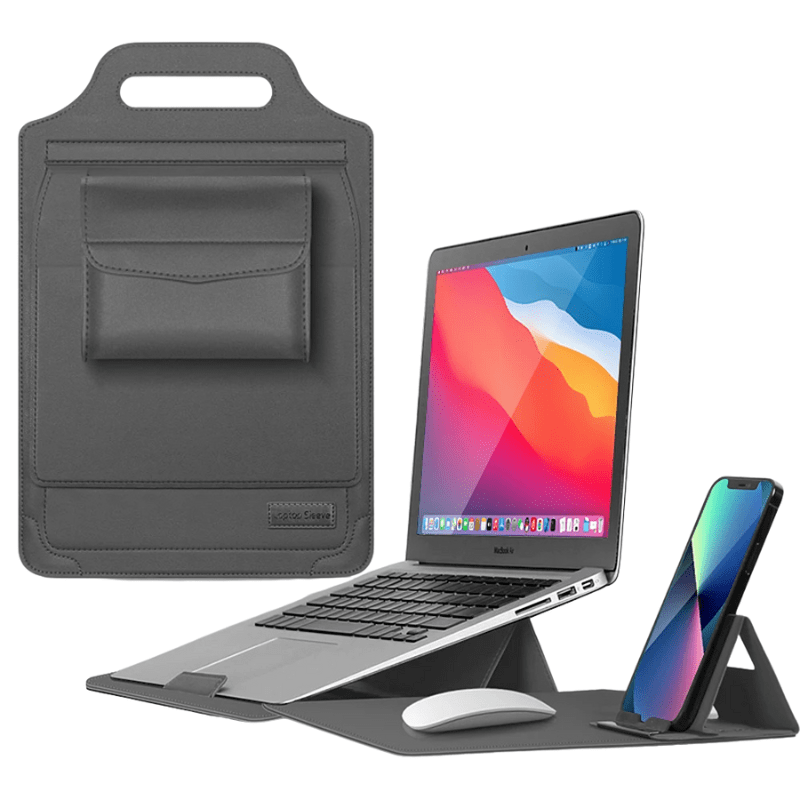Luxe Laptop Sleeve met Verstelbare Standaard | Ergonomisch PU-Leer Werkstation voor 11-15.6 Inch | Mobiele Kantooroplossing | Sansoti