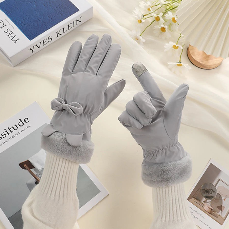 Touchscreen Winter Gloves for Women, Waterproof, Thermally Insulated, with Bow Decoration, One Size, Warm | Sansoti